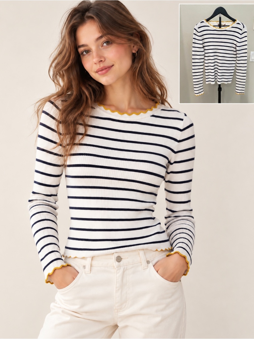 Pink Rose Striped Scallop Trim Sweater Size M Nautical Preppy Coastal Parisian